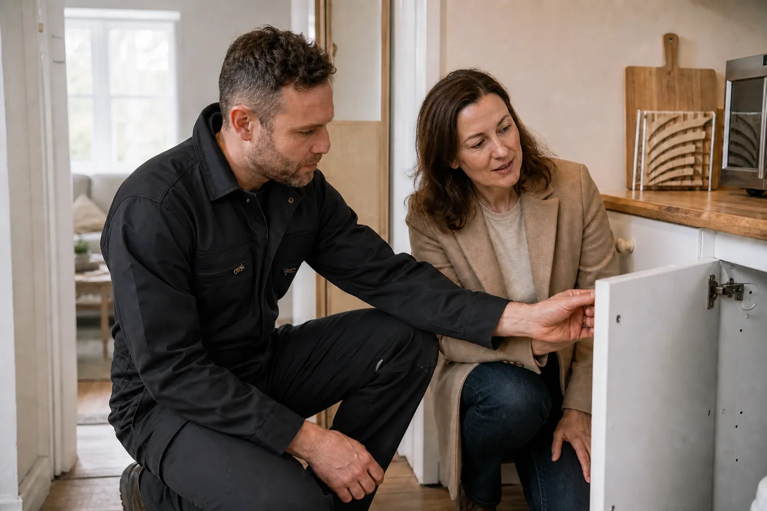 Landlord and maintenance tradesperson reviewing a property repair