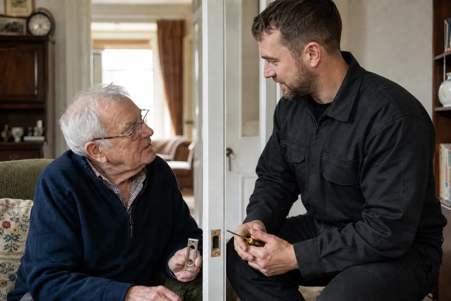 Older homeowner discussing a small repair during a respectful home visit
