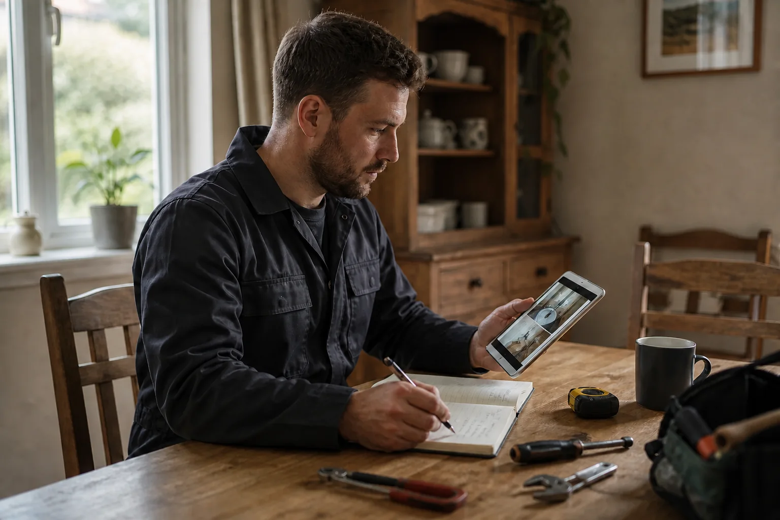 Repair photographs and practical job details being reviewed before a visit