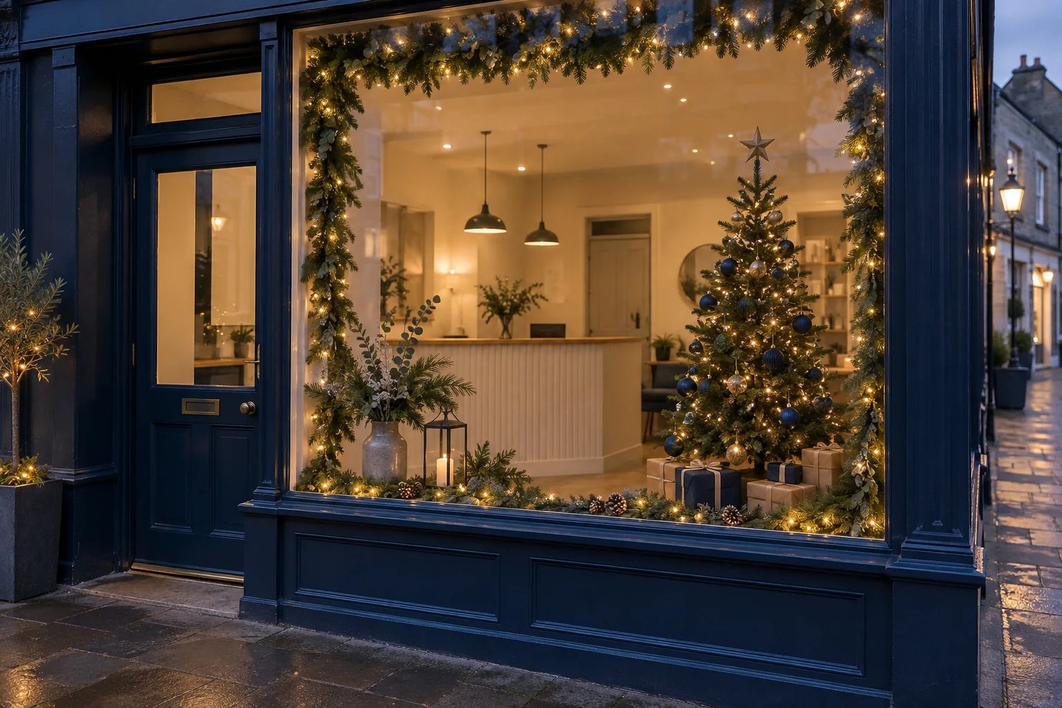Tasteful Christmas tree, warm-white lights and garlands in a small British business window
