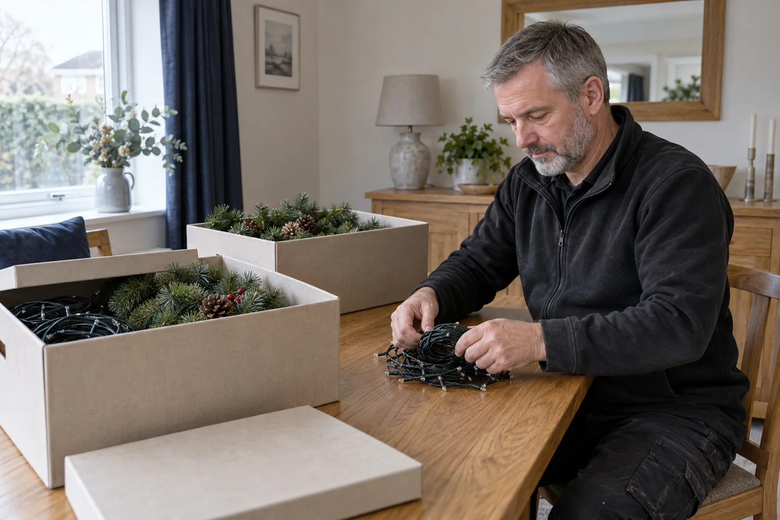 Tradesman carefully coiling Christmas lights and packing decorations into storage boxes