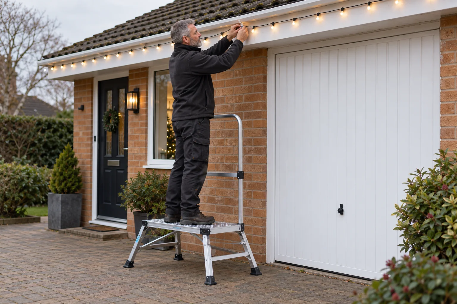 Tradesman using a low access platform to fit warm-white Christmas lights along a single-storey porch fascia