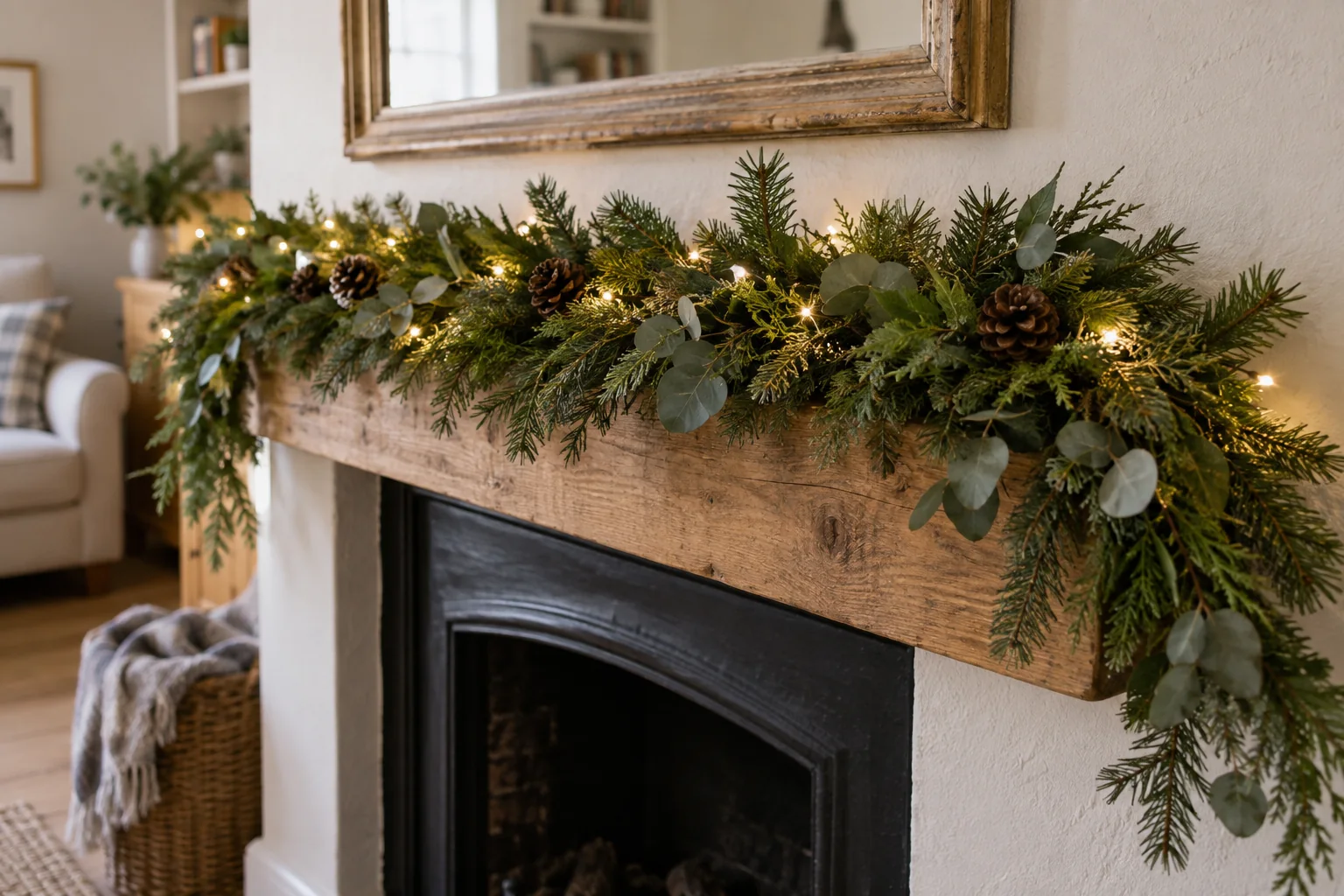 Evergreen Christmas garland with warm-white lights arranged along a mantel above an unlit fireplace