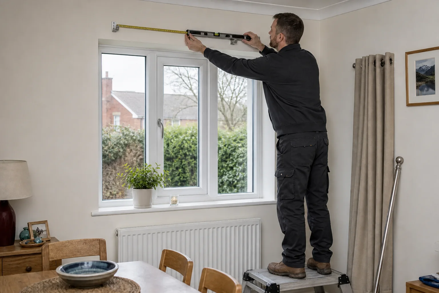Curtain-pole brackets being measured and fitted above a British home window