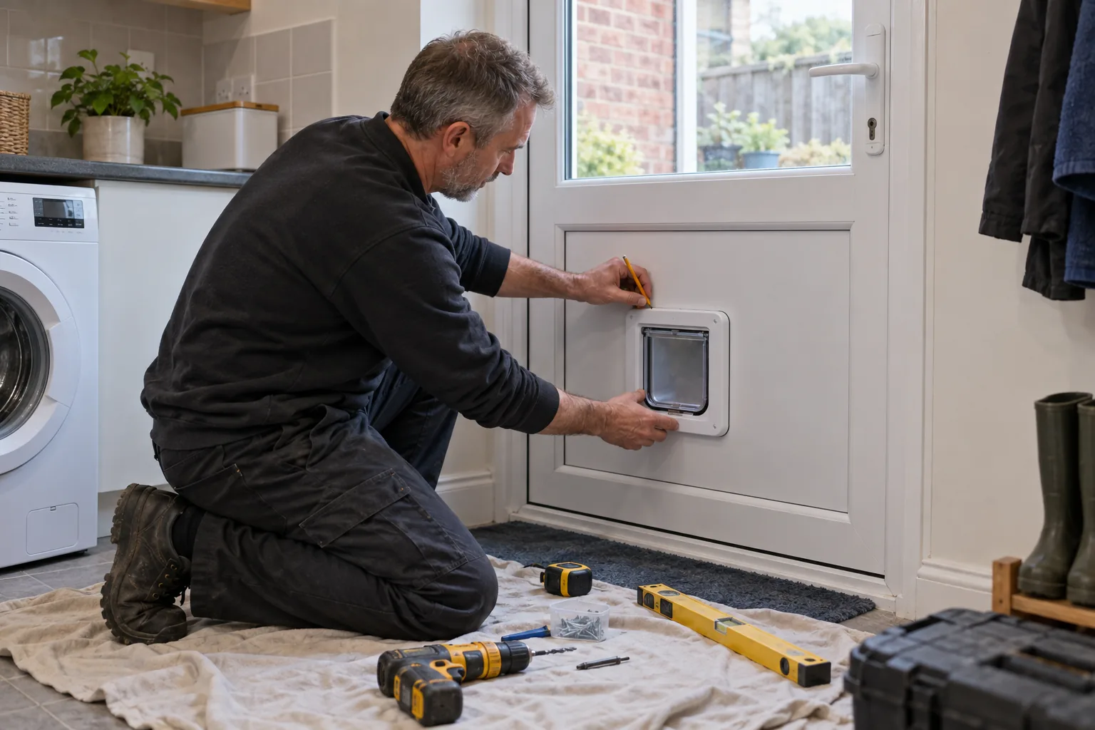 Tradesperson assessing a customer-supplied cat flap against the solid lower panel of a domestic back door