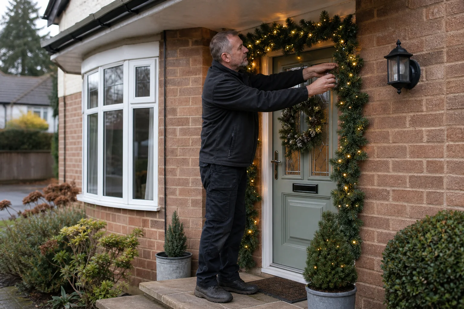 Property-maintenance tradesman fitting a warm-white Christmas garland around a British home's front door