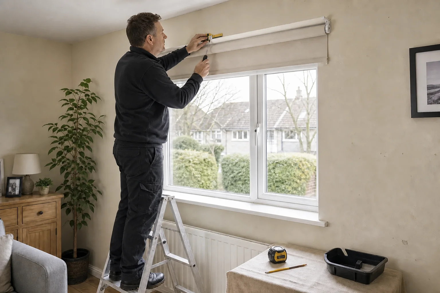 Curtain track being measured and fitted above a window