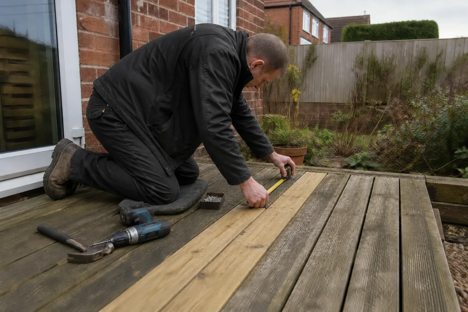 Damaged decking board being removed for a local replacement
