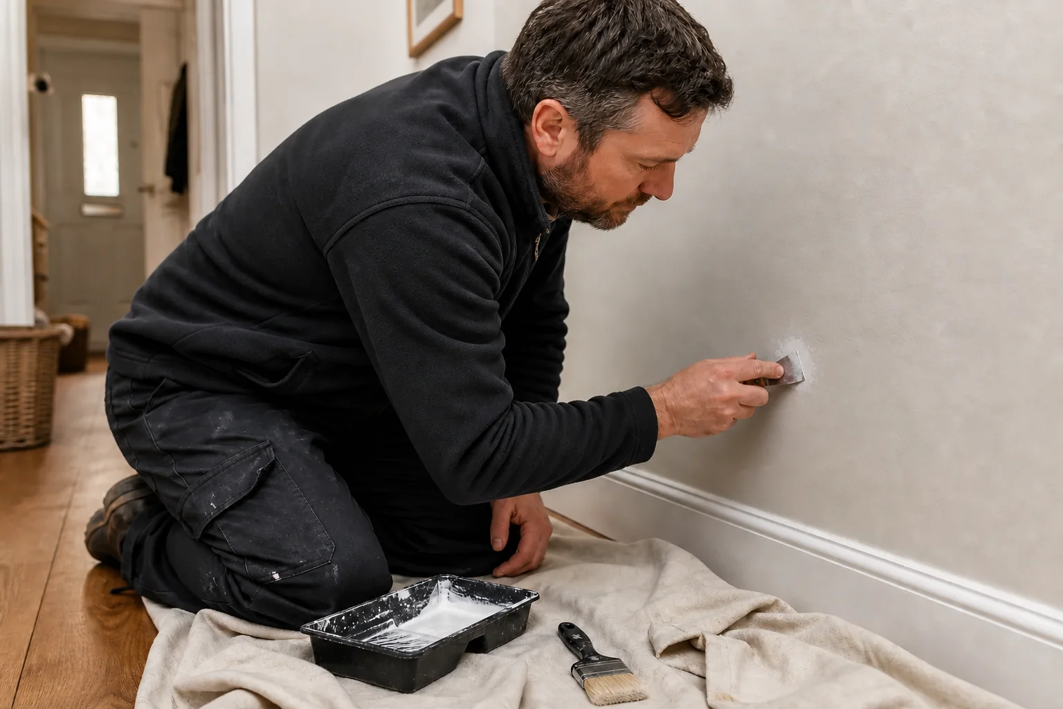Small wall repair being filled and prepared for a neat paint touch-up