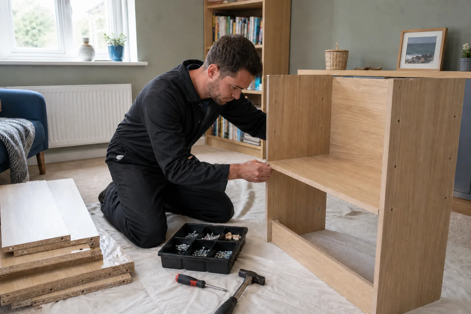 Flat-pack furniture being assembled neatly in a lived-in British home