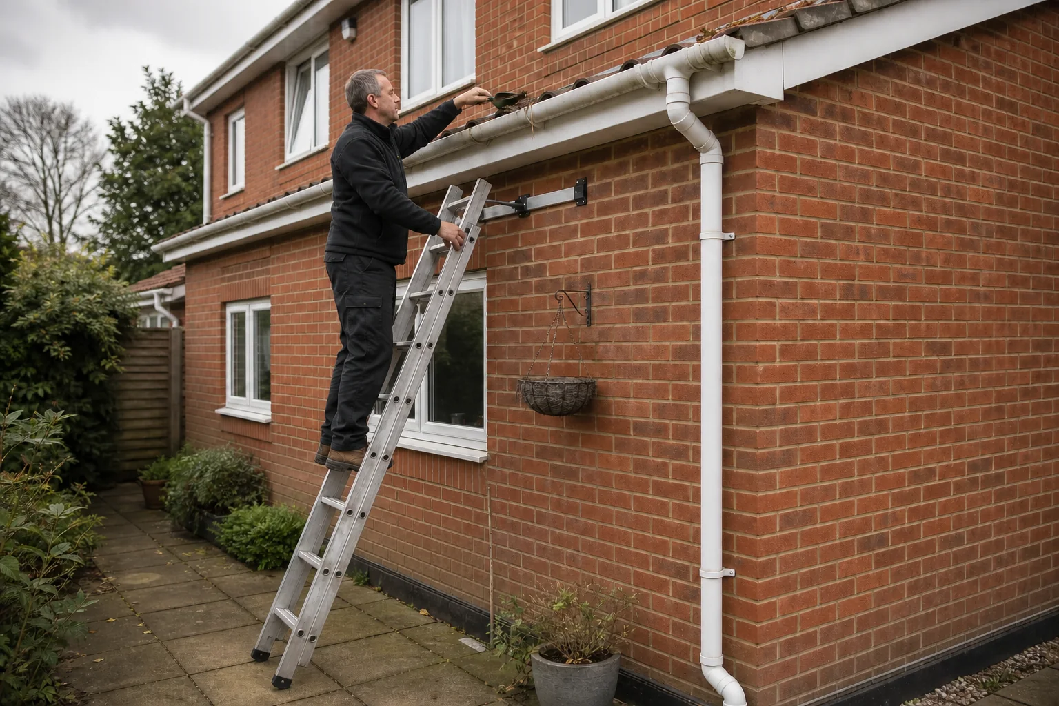 Accessible domestic gutter being cleared safely at a British home