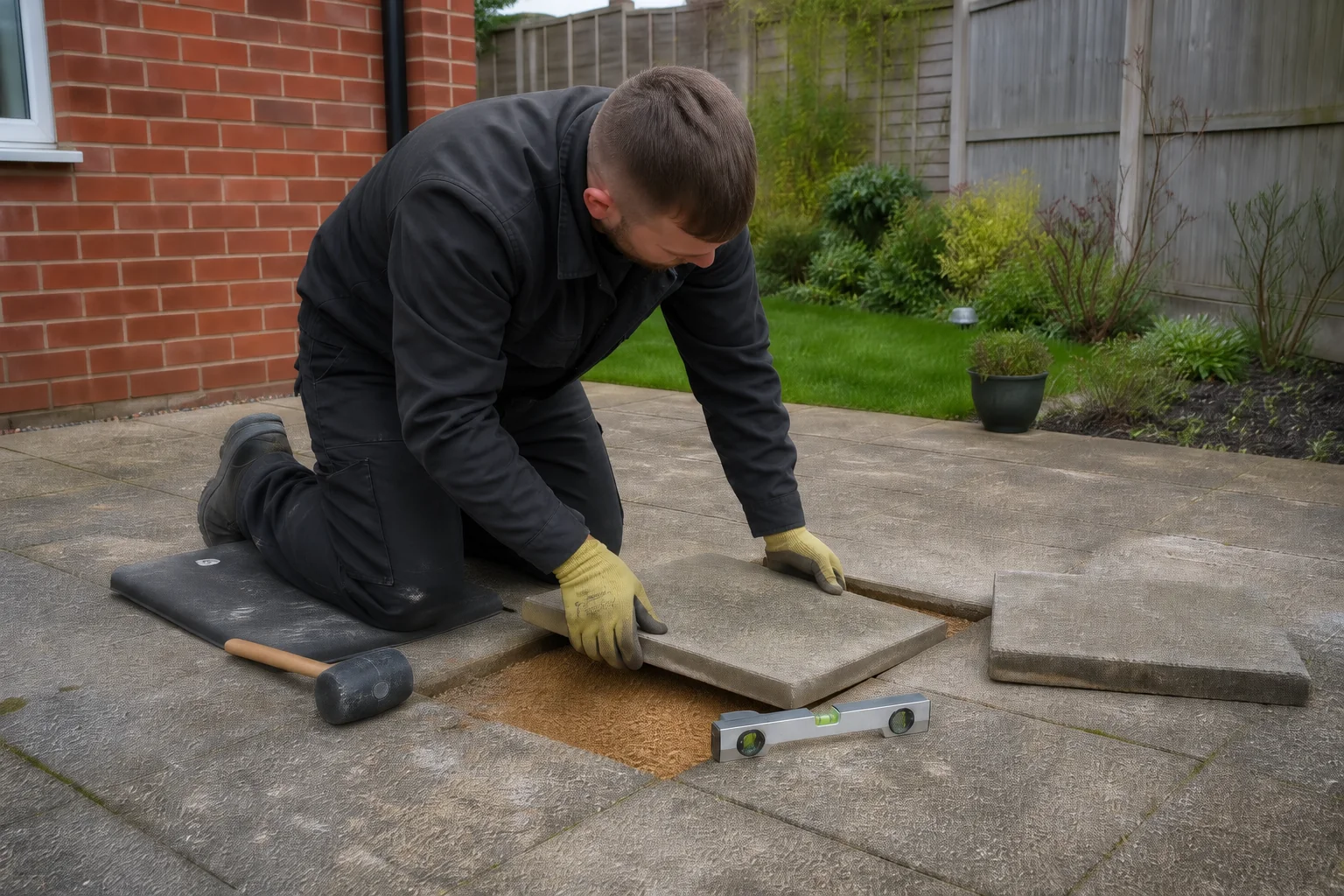 Rocking patio slab lifted to repair the bedding beneath