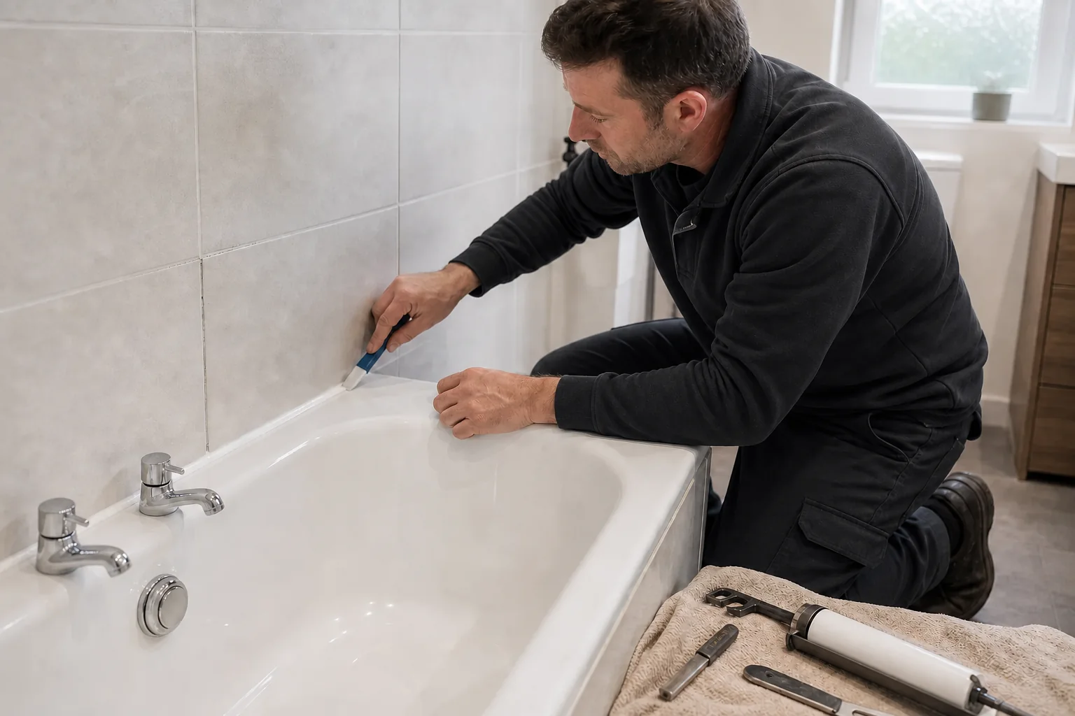 Neat bathroom silicone and local tile repair being completed carefully