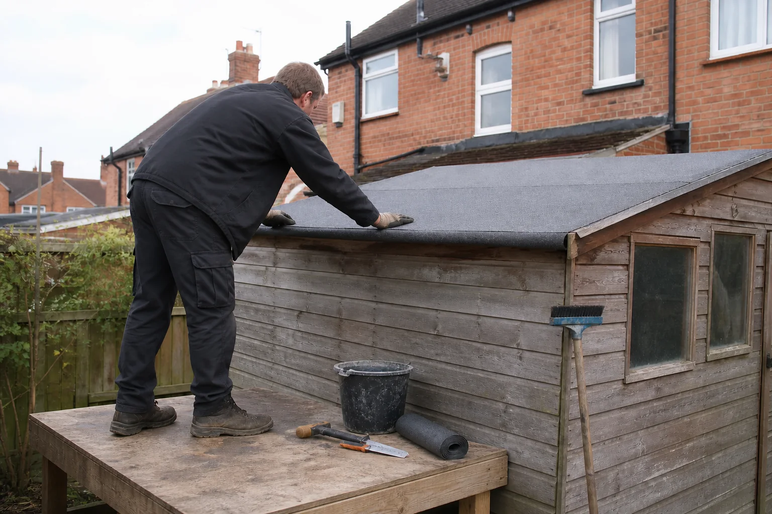 Roof felt being replaced on a small sound garden shed