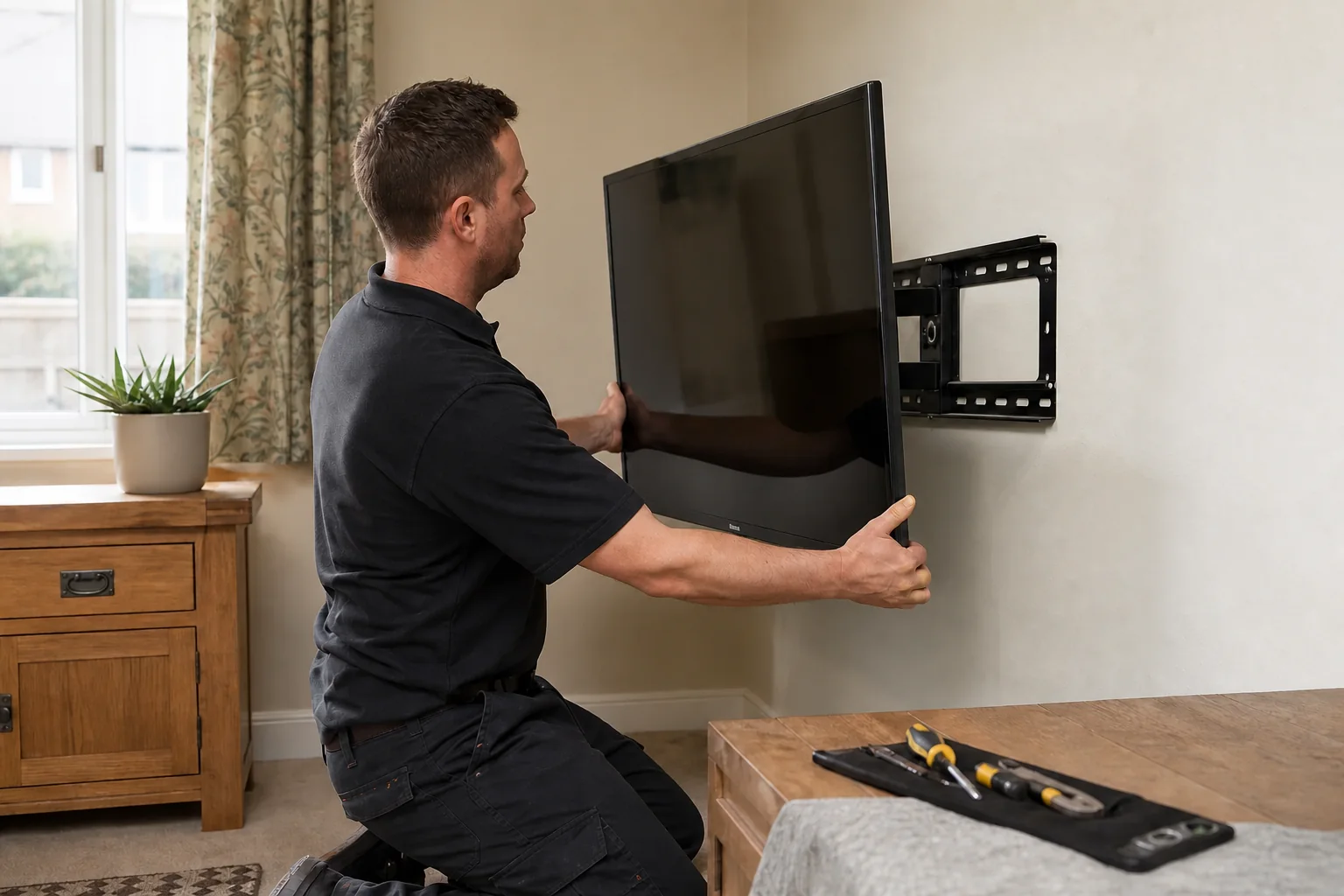 Television bracket being carefully measured and fitted to a living-room wall