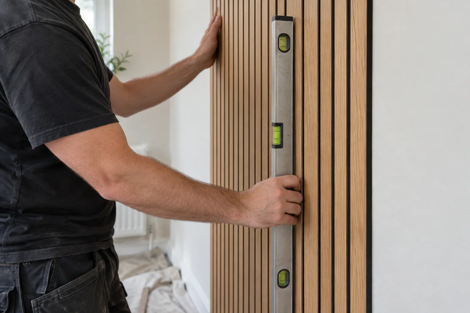 Tradesperson checking the alignment of oak wall panelling with a spirit level