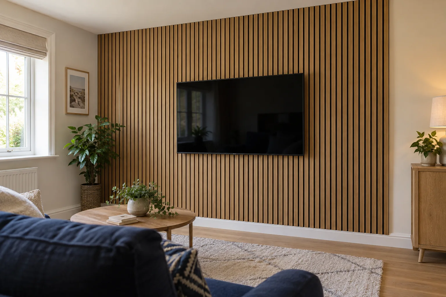 Oak slatted feature wall behind a television in a light British living room