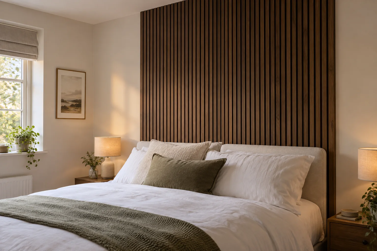Walnut slatted bedroom feature wall behind a bed with white linen