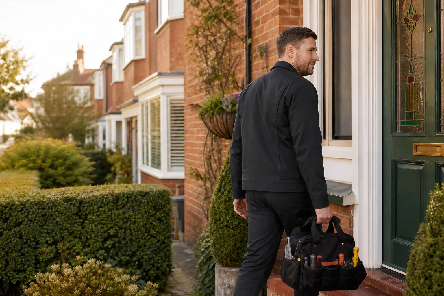 Property-maintenance tradesman arriving at a British suburban home